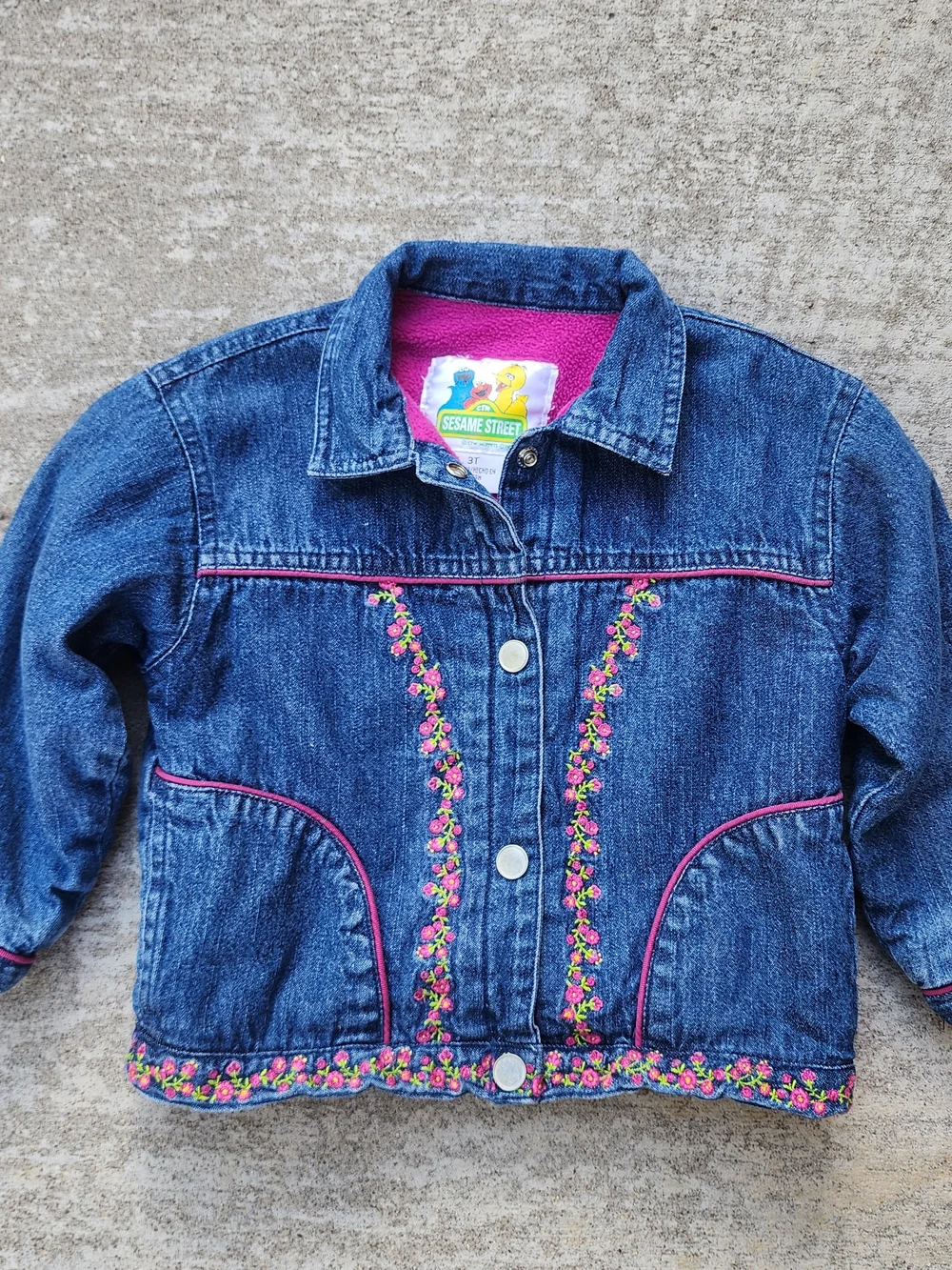 VTG Sesame Street Y2K Kid Girl Blue Denim Jacket, Pink Floral Cottage Trim Sz 3T